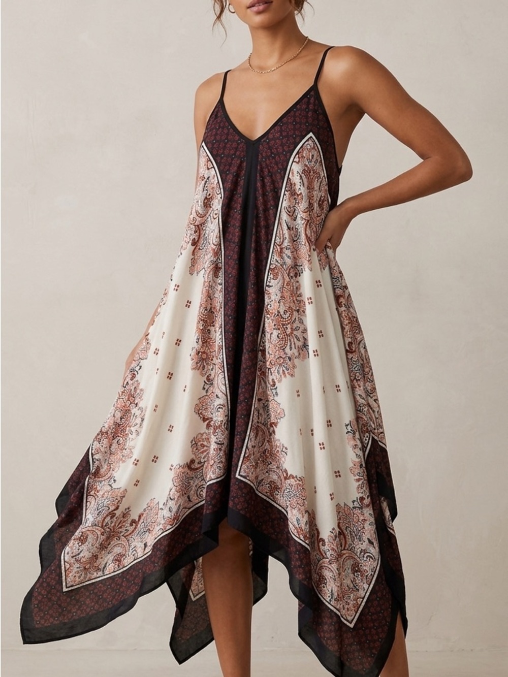 Boho Paisley Handkerchief Hem Slip Dress